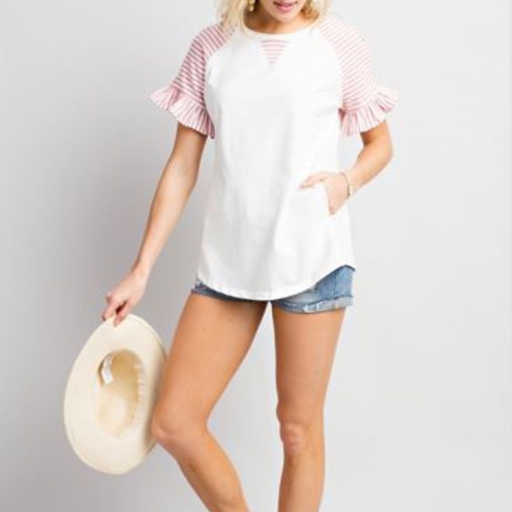 White Raglan With Accent Striped Ruffle Sleeves